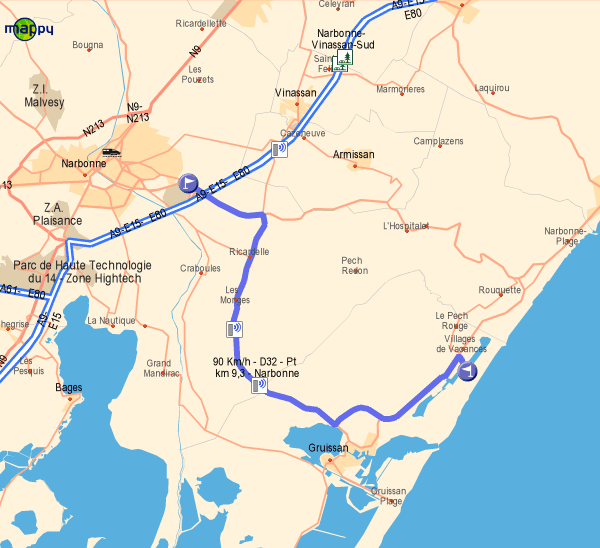 Itinéraire depuis sortie péage Narbonne EST
